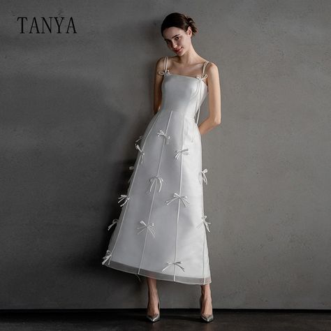 Spaghetti Straps Satin Wedding Dress With Bows A Line Sleeveless Tea Length Bridal Party Dress New Korean Style Bridal Gown - AliExpress 320 Old Money Satin Dress, Drees Korean Style Party, Korean Bridal Dress, Korean Wedding Dress Simple, Wedding Dress With Bows, Wedding Dress Korean, Wedding Dresses Korean, Wedding Party Dress Guest, Korean Wedding Dress