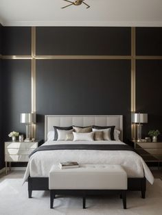 Black Bedroom Feature Wall Ideas, Black Contrast Wall Bedroom, Modern Luxury Bedroom Color Schemes, Black And Gold Accent Wall Bedroom, Black Accent Wall Master Bed, Black Tufted Bedroom Ideas, Matte Black Accent Wall Bedroom, Black And Gold Accent Wall, Black And Gold Bed