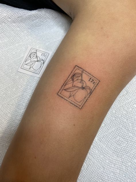 Patchwork Tattoo Feminine, Feminine Patchwork Tattoo Ideas, Small Tattoos Feminine Simple, Patchwork Dainty Tattoo, Tattoos To Get Abroad, Tattoo Inspo Unique, Patchwork Tattoo Ideas Simple, Peach Postage Stamp Tattoo, Minimal Stamp Tattoo