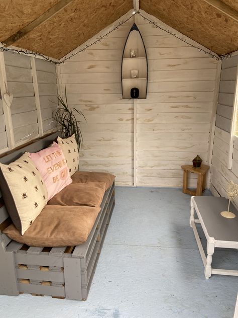 From garden shed to gin palace Cute Shed Interior, Small Shed Room Ideas, Mini Hangout Shed, Small Hangout Space, Cool Shed Ideas Interior, Cute Shed Hangout Ideas, Shed To Hangout Spot, Allotment Shed Interior Ideas, Small Shed Ideas Hangout Interior