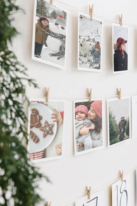 Christmas Photo Display, Wreath Making Party, Christmas Card Display, Artifact Uprising, Holiday Mantel, Holiday Candles, Clothespins, Christmas Pictures, Simple Christmas