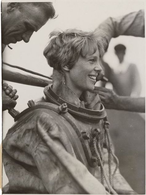 Amelia Earhart in the cockpit of  a plane Deep Sea Diving Suit, Bottom Of The Sea, Diving Suit, Amelia Earhart, Block Island, Interesting History, July 25, Famous Women, Sea World