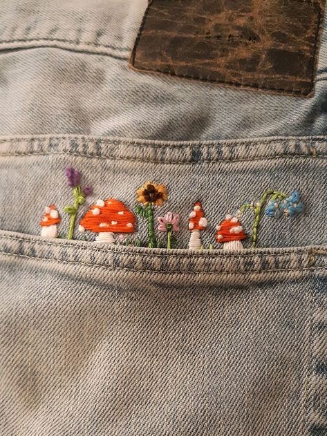 Embroidery Mushrooms, Embroidery Jeans Diy, Back Pocket Embroidery, Clothes Embroidery Diy, Pocket Embroidery, Denim Embroidery, Pola Sulam, Embroidery On Clothes, Cute Embroidery