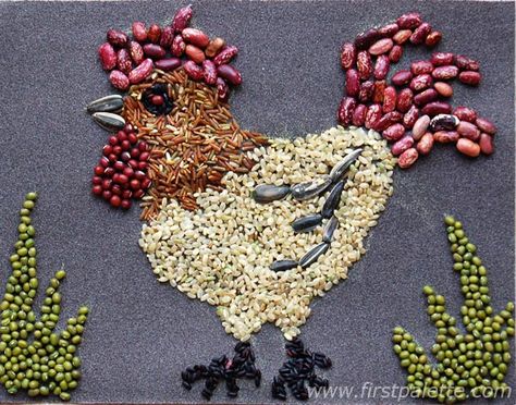 This regal rooster is made from seeds, nuts and beans. Create a marvelous mosaic with these natural art materials. Seed Mosaic, Seed Craft, Harvest Crafts, Seed Art, Fun Fall Crafts, Fall Crafts For Kids, Autumn Crafts, Natural Art, Family Crafts