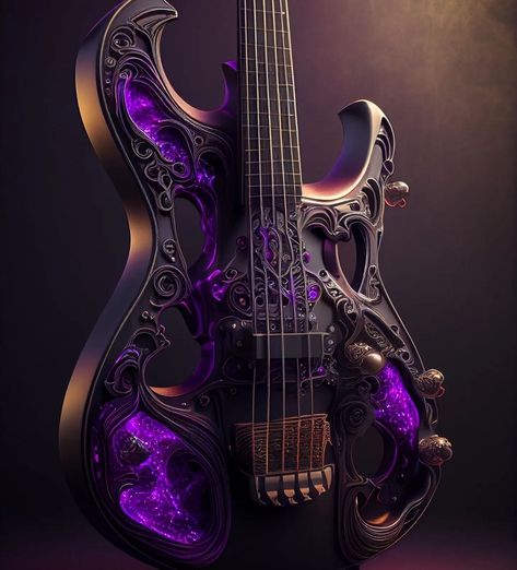 Magic Guitar Concept Art, Magical Musical Instruments, Mystical Instruments, Purple Bass Guitar Aesthetic, Music Guitar Art, Historical Dresses Victorian, Dresses Victorian, Purple Guitar, Gothic Bass Guitar