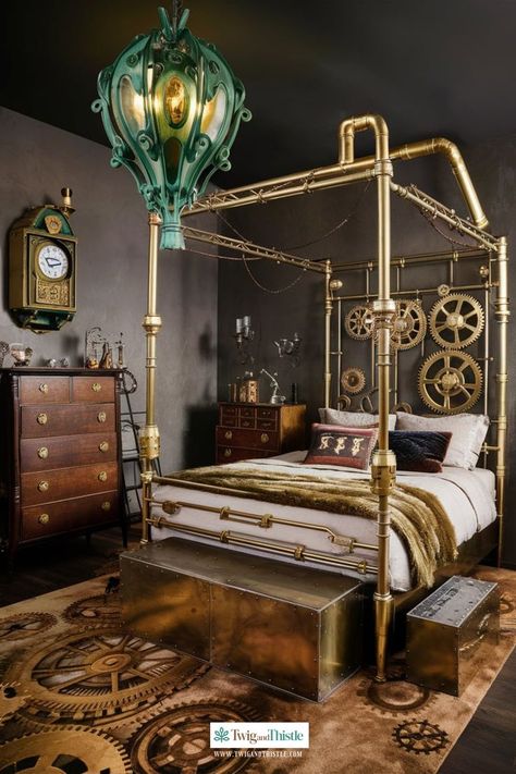 Fuse vintage and modern styles in your bedroom redesign for a unique and eclectic look. 🕰️✨ #RoomRedesign #ApartmentDecorInspiration What’s your opinion on this? Steampunk Bedroom Ideas, Steampunk Bedroom, Furniture Colors, Bedroom Redesign, Steampunk Decor, Room Redesign, Chic Spaces, Cozy Room Decor, Apartment Decor Inspiration