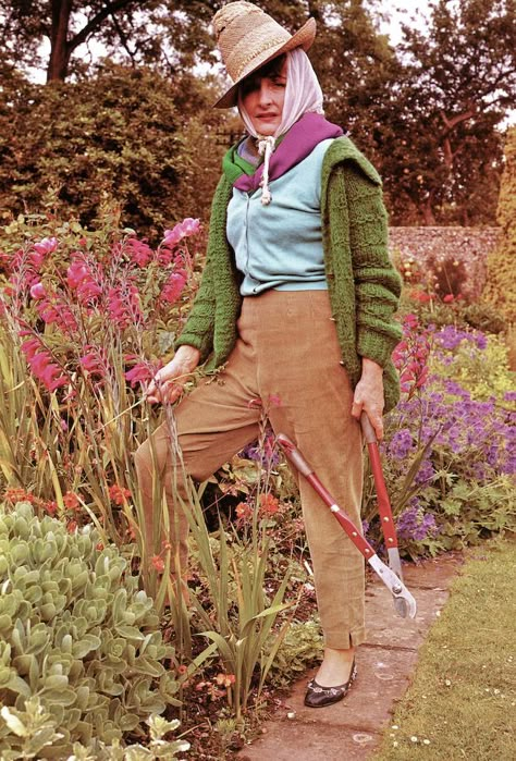 That will be me soon-  gardening in layers and pearls.   and crazy Valerie Finnis, Perfect English, Gardening Outfit, English Garden, In The Garden, A Garden, The Garden, New England, Garden Design