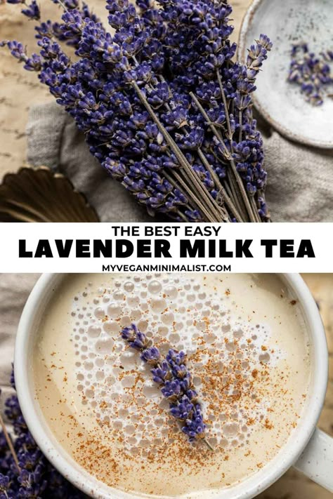 This lavender milk tea is made in minutes using just 5 simple ingredients. The scent of lavender & silky warm milk resembles a magic potion made to soothe your mind & body! After seeing so much positive feedback for my ginger milk tea, I thought I'd bring you some more homemade teas. Cozy up with a cup of warming lavender milk tea - you won't regret it! Diy Lavender Tea Blends, Milk Tea Recipes Homemade, Jasmine Tea Recipe, Lavender Tea Recipe, Lavender Moon Milk, Lavender Milk Tea, Ginger Milk Tea, Lavender Recipe, Homemade Teas