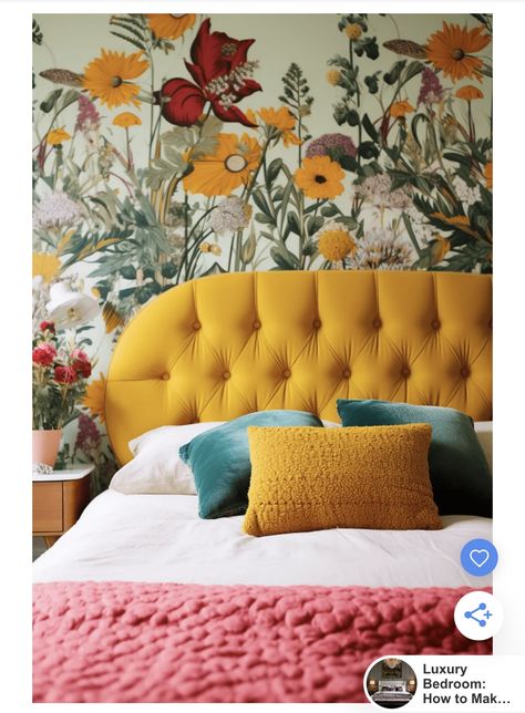 Yellow Bed Headboard, Pink Yellow Grey Bedroom, Yellow Velvet Headboard, Yellow Upholstered Bed, Yellow Dresser Bedroom, Yellow Headboard Bedroom Ideas, Yellow Room Ideas Bedrooms, Colorful Adult Bedroom, Green And Yellow Room