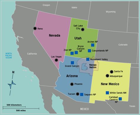 Usa Southwest Map - Mapsof.net Utah Arches, Southwest Travel, Leaving Las Vegas, Carlsbad Caverns National Park, Southwest Usa, Carlsbad Caverns, American Road, Reno Nevada, American Southwest