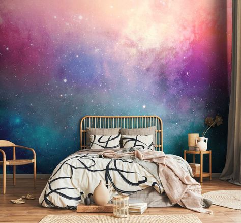 Water Color Galaxy Wall Mural | Wall Murals – Eazywallz Galaxy Walls Bedroom, Galaxy Decor Bedroom Ideas, Galaxy Mural Paint, Galaxy Wall Paint Diy Bedroom, Diy Galaxy Wall Painting, Galaxy Inspired Bedroom, Galaxy Accent Wall, Galaxy Mural Diy, Kids Galaxy Bedroom