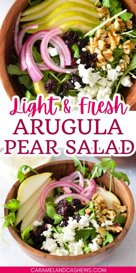 arugula salad with pears, cranberries, and goat cheese Arugula Pear Goat Cheese Salad, Pear Goat Cheese Salad, Arugula Salads, Arugula Pear Salad, Arugula Goat Cheese Salad, Pear Arugula Salad, Pear Vinaigrette, Pear And Blue Cheese Salad, Simple Side Salad