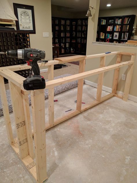 I built a bar in my basement - Imgur Diy Bar Table Man Caves, How To Build A Basement Bar, Build Basement Bar, Building A Basement Bar, Dry Bar Building Plans, Basement Bar Top Ideas, Custom Basement Bar, Diy Bar Build, Bar In Shed Ideas