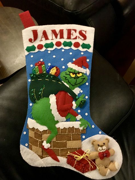 Custom felt Grinch Santa Christmas stocking. Grinch Stocking Ideas, Grinch Stocking Diy, Grinch Christmas Stocking Pattern, Grinch Christmas Stocking, Felt Grinch, Grinch Stocking, Grinch Craft, Bucilla Felt Stocking Kits Tips, Bucilla Felt Stocking Kits