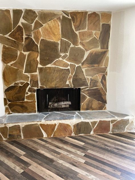 Living Room Transformation Stage 4: Whitewashing the Stone Fireplace - Curious and Cozy Whitewash Stone Fireplace, Chalk Paint Brushes, Laminate Plank Flooring, Rock Steps, Living Room Transformation, Paint Fireplace, Popcorn Ceiling, Rock Wall, Room Transformation