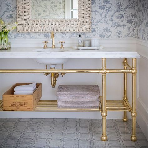 Palmer Industries on Instagram: “A custom Ball style sink leg system finished in un-lacquered polished brass featuring a hotel style tubular metal shelf created for Monika…” Monika Hibbs, Beaded Mirror, Wall Vanity, Chinoiserie Wallpaper, The Tile Shop, Powder Bath, Half Bath, Marble Mosaic, Metal Hangers