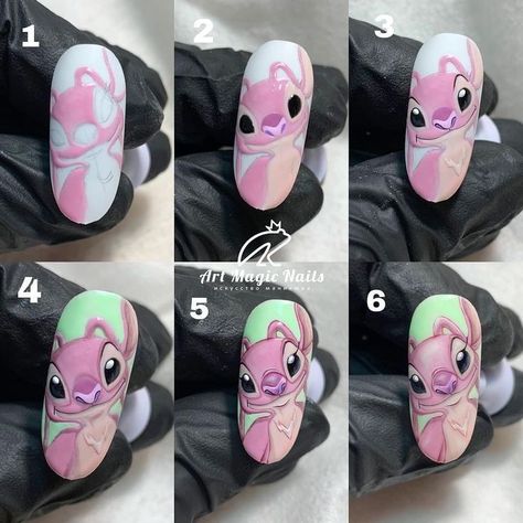 Stitch And Angel Nail Art, Pink Stitch Nails, Manicure Stitch, Stitch And Angel Nails, Nail Art Stitch, Cartoon Nails Acrylic, Minion Nail Art, Acrylic Nails Winter, Cartoon Nail Designs