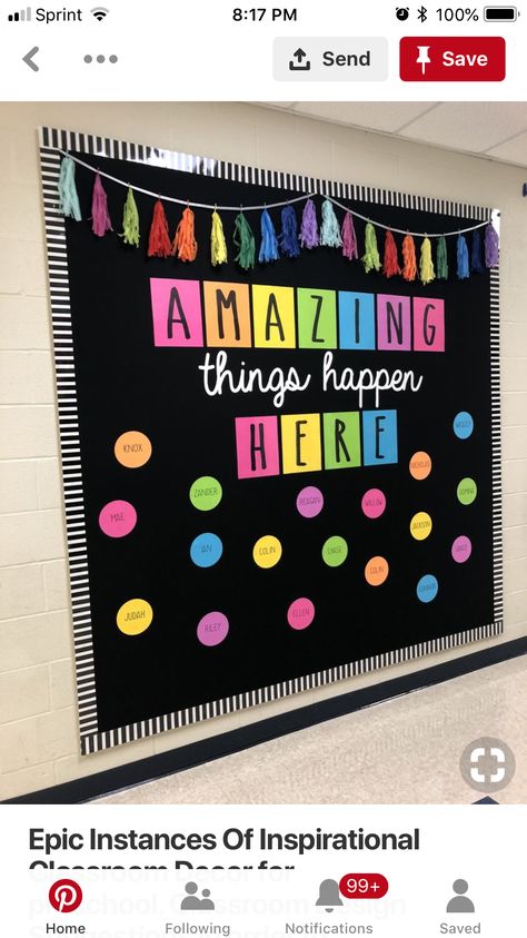 Wildflower Room, Amazing Things Happen Here, Elementary Bulletin Boards, Work Bulletin Boards, Teacher Bulletin Boards, Preschool Decor, Preschool Bulletin, Church Bulletin Boards, Library Bulletin Boards