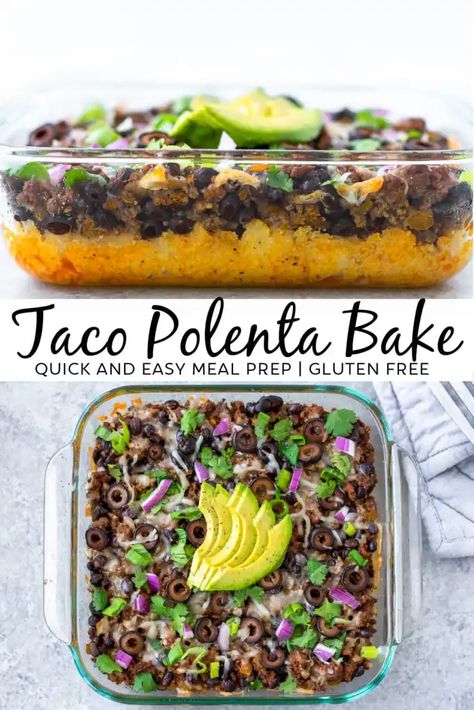 Need some meal prep inspiration? This spicy taco polenta bake is filling, healthy, delicious and super easy to make! Made with ground beef, black beans, polenta and mozzarella, this recipe is full of flavor! This dish is sure to become a family fave for meal prep! #mealprep #glutenfree #healthycasserole Polenta Bake, Gluten Free Meal Prep, Polenta Recipes, Spicy Tacos, Calorie Recipes, Free Meal, Shredded Lettuce, Healthy Delicious, Quesadillas