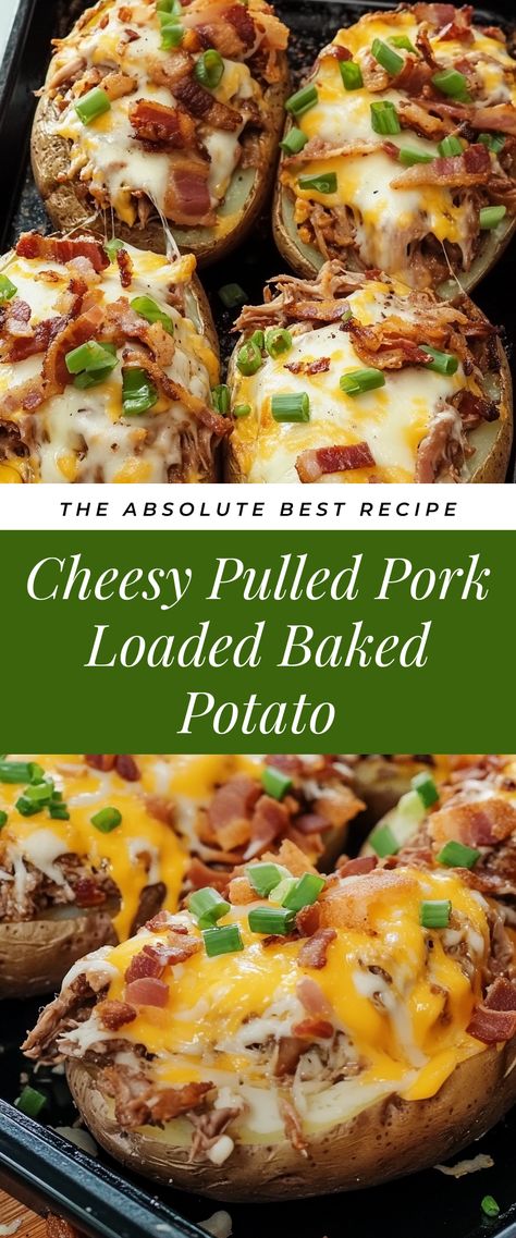 Image for Cheesy Pulled Pork Loaded Baked Potato Loaded Baked Potato With Pulled Pork, Pulled Pork Stuffed Potatoes, Pulled Pork Potato Skins, Pulled Pork Ideas, Pulled Pork Potato, The Best Pulled Pork, Best Pulled Pork, Cozy Gathering, Stuffed Baked Potatoes