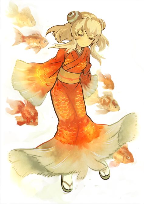 damin fish goldfish hair_ornament japanese_clothes kimono long_hair original red_eyes sandals scales sleeves_past_wrists solo tabi won_(toufunokado) Human Fish Character Design, Goldfish Outfit, Koi Fish Oc, Koi Fish Oc Art, Fish Character Design, Fish Oc, Persona Ideas, Vtuber Ideas, Fish Kimono