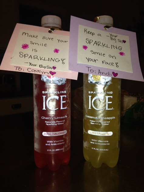 gift for cheer besties that love them some sparkling ice :)) Volleyball Big Sister Gift Ideas, Dance Sister Gift Ideas, Sister Gifts Ideas, Cheer Gift Ideas, Big Sis Lil Sis Gifts, Cheer Besties, Cheer Snacks, Cheer Camp Gifts, Cheer Sister Gifts