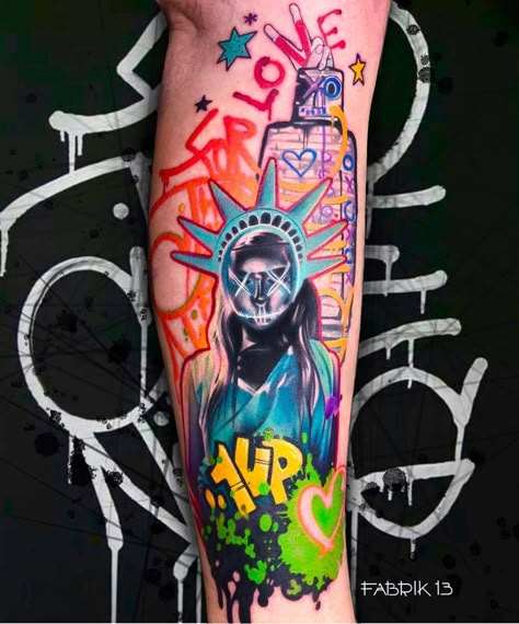 Tattoo artist Anjelika Kartasheva, color artistic tattoo realism with graffiti art | Rostov-On-Don, Russia Pop Art Tattoo Design, Neon Tattoo Ideas, Graffiti Style Tattoo, Tattoo Graffiti Style, Graffiti Tattoo Ideas, Graffiti Tattoo Design, Graffiti Art Tattoo, Cover Up Sleeve, Pop Art Tattoo