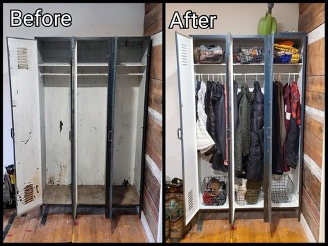 Old Locker Ideas For Home, Old Lockers Repurposed Storage Ideas, Metal Locker Makeover, Locker Closet Ideas, School Lockers Repurposed, Metal Lockers Repurposed, Old Lockers Repurposed, Work Locker Ideas, Metal Lockers Ideas For Home