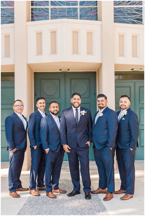 Groomsmen wearing navy suits and brown suits where the groom stands out with a slightly different share and dark shoes. Katie Jane Photo | Colorado Wedding Photographer | via thekatiejanephoto.com Navy Blue Suit Brown Shoes, Blue Suit Shoes, Navy Suit Brown Shoes, Chambelan Outfits, Blue Suit Brown Shoes, Brown Groomsmen, Navy Blue Suit Wedding, Romantic Backyard Wedding, Dark Shoes