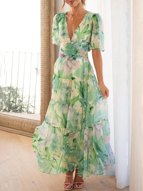 Sissyaki Women's V Neck Puff Sleeve Floral Maxi Dresses Casual Party Wedding Guest Flowy Long Dress A#Green Small at Amazon Women’s Clothing store Flowy Dress Formal, Dresses Casual Party, Pastel Green Dress, Flowy Long Dress, Floral Maxi Dresses, Flowy Dress Long, Chiffon Long Dress, Long Green Dress, Velvet Dress Long