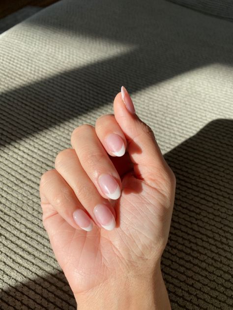 Shorter Almond French Tip Nails, Round Mail French Tip, White French Tip Short Almond Nails, Classic Almond French Nails, Dip Powder Nails With French Tip, Natural Acrylic Nails Almond French, Almond French Tip Dip Nails, Dip French Manicure Almond, Dip With Tip Nails Almond