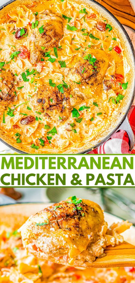 Chicken Feta Pasta, Mediterranean Chicken Pasta, Baked Crispy Chicken, Chicken Feta, Chicken And Pasta, Feta Cheese Recipes, Juicy Baked Chicken, Comfort Pasta, Mediterranean Pasta