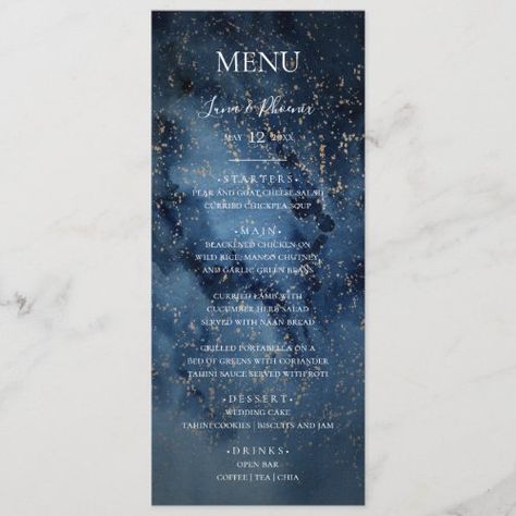 Night Sky Wedding, Boho Outdoor Wedding, Rehearsal Dinner Menu, Sky Wedding, Navy Blue Watercolor, Stars Wedding, 21 Diner, Wedding Dinner Menu, Rustic Wedding Reception