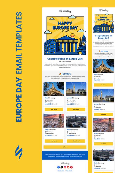 Europe Day email template "European heritage" for travel industry. Create eye-catching templates that leave a lasting impact.🌠🌟 Follow us on Pinterest for design and marketing hacks! 📈💌 #europeday #stripoemail #emailtips #emailnewsletter #emailtemplate #emaildesign #emailmarketing #emaildesignlayout Edm Inspiration, European Heritage, Europe Day, Marketing Hacks, Holiday Emails, Email Template Design, Email Newsletter Design, Holiday Campaign, Email Marketing Design