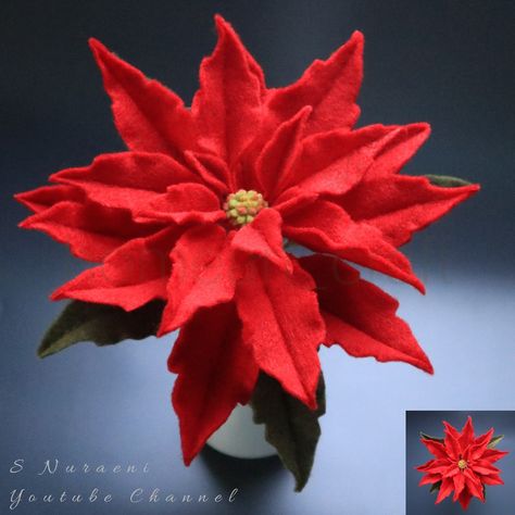 Learn how to make felt flowers! Visit my youtube channel at Youtube.com/SNuraeni Poinsettia Felt Flowers, Felt Poinsettia Diy, Christmas Felt Flowers, Felt Poinsettia Pattern, How To Make Felt Flowers, Diy Felt Poinsettia, Felt Patterns Free, Make Felt Flowers, Felt Poinsettia