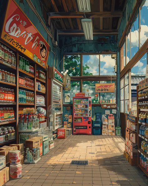 some convenience store interiors 🥖🥭🍉   ⠀⠀⠀⠀⠀⠀⠀⠀⠀⠀⠀ 🔗 https://linktr.ee/whimcity ✉️ DM for collabs ⠀⠀⠀⠀⠀⠀⠀⠀⠀ 🔗 #chillvibes 🔗 #studioghibli 🔗 #aiartcommunity 🔗 #animelover 🔗 #animeart 🔗 #mangaart 🔗 #lofi 🔗 #japanlover Anime Store Aesthetic, Anime Convenience Store, Convenience Store Design Interiors, Convenience Store Illustration, Anime Interior, Cool Pop Art, Place Aesthetic, Interior Concept Art, Convenient Store