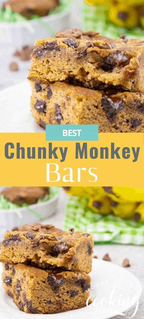 Best Chunky Monkey Bars. This is one of the best ways to use up those ripe bananas sitting on the counter. #cookiebars #banana #chocolate #dessertbar #mooreorlesscooking Monkey Bars Recipe, Brownie Texture, Recipe Banana Bread, Banana Bundt Cake, Banana Bundt, Monkey Banana, Recipe Banana, Homemade Banana Bread, Banana Bars