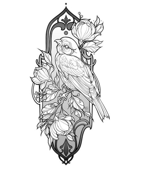 Bird And Flower Tattoos For Women, Neo Trad Bird Tattoo, Neo Romanticism Tattoo, Neotrad Bird Tattoo, Neo Traditional Frame, Feminine Tattoo Stencil, Griffin Tattoo Feminine, Bird Tattoo Sketch, Amphora Drawing