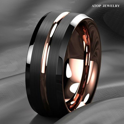 Our jewelry is not just metal, it is a piece of nature with millions of years of perfection to now enhance your look. Men's Ring Tungsten Anillo Para Hombre 8mm Black Brushed Rose Gold Description: 1. Never Fades, Never Tarnishes, Never Discolors 2. 100% Brand New 3. Lasts Forever if Treated With Care Metals Type: Tungsten Made in the USA – Premium Quality - Better Customer Service from (USA) – Environmentally Friendly - Fast Shipping ||[ OUR GUARANTEES ]|| ✔️ 100% Money back Guarantee ✔️ 30-Day Rose Gold Ring For Men, Men Wedding Bands, Rings For Men Wedding, Tungsten Carbide Mens Rings, Mens Black Ring, Band Ideas, Groom Ring, Black And Rose Gold, Wedding Bands For Him