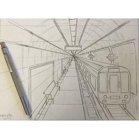 #TodaysDoodle (No. 251) Work In Progress: 1-Point Perspective "London Underground Mind The Gap" Pencil Sketch | by maccymacx Point 1 Perspective Drawing, Cool One Point Perspective Drawing, 1st Point Perspective Drawing, Point Prespective Sketches, 1 Point Perspective Sketch, Landscape In Perspective, Perspective Drawing 1 Point, 1 Perspective Drawing, Train Perspective Drawing