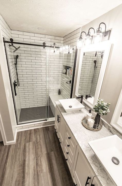 Small Master Bath Remodel Farmhouse, Master Bath Stand Up Shower Ideas, Modern Farmhouse Shower Tile Ideas, Farmhouse Style Master Bath, Bathroom Remodel On A Budget Modern, Small Farmhouse Master Bath, Lowe’s Bathroom Remodel, Modern Master Bath Ideas, Farmhouse Master Bathrooms With Walk In Showers