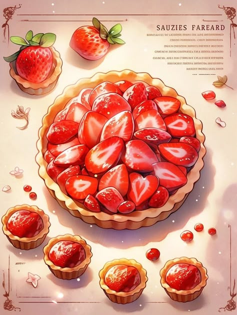 Strawberries Pie, Pie Drawing, Food Paintings, Dessert Aesthetic, Japanese Food Illustration, Anime Foods, Kawaii Strawberry, Strawberry Tart, Food Drawings