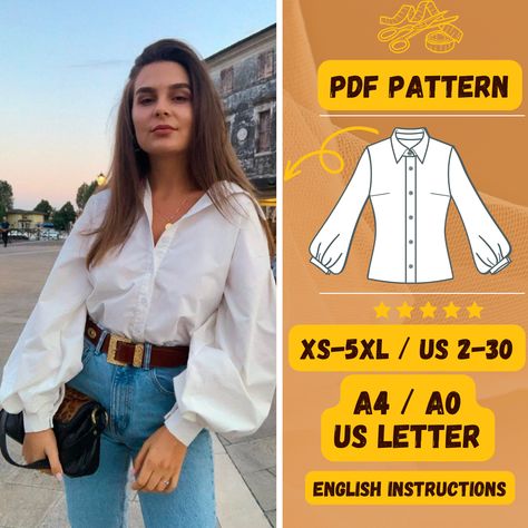 Lantern Sleeve Blouse, Sewing Pattern, Poet Shirt Pattern , PDF,  Edwardian Shirt, Instant Download Pattern, Victorian Shirt Discover the joy of creating with our: Detailed PDF Tutorial Available in Sizes XS through 5XL Perfect for Fashion DIY Enthusiasts Features a Trendy Design and Versatile Style Ideal for Creative Sewing Projects Wide Size Range for a Personalized Fit Comprehensive Step-by-Step Instructions Sewing Instructions: This pattern is of intermediate complexity and is best suited for individuals with prior sewing experience. While the provided images may not precisely match the pattern due to varying sewing techniques, you have the flexibility to choose button styles, additional elements, and pocket placements according to your preferences. Recommended Fabrics: This pattern wo Poet Shirt Pattern Free, Poet Sleeve Blouse, Lantern Sleeves Pattern, Blouse Sewing Pattern Free, Button Down Shirt Pattern, Edwardian Shirt, Creative Sewing Projects, Long Sleeve Shirt Pattern, Shirt Patterns For Women