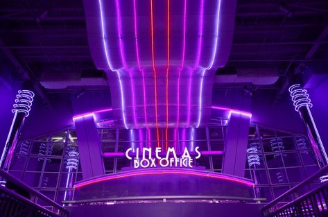 Movie theater box office with blue neon lights Purple Movie Theater, Neon Movie Theater, Purple Movie Aesthetic, Cinema Room Design, Movie Theater Aesthetic, Inspirational Aesthetic, Cinema Box, Neon Disco, Slam Book