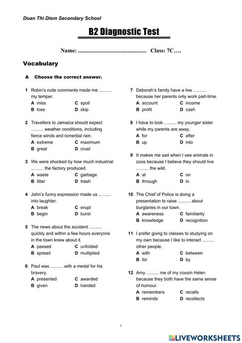 B2 Level English Vocabulary, B2 English Worksheets, English Test For Beginners, Year 7 English Worksheets, Fill In The Blank Questions, Decimal Multiplication, English Grammar Test, Toefl Test, English Grammar Exercises