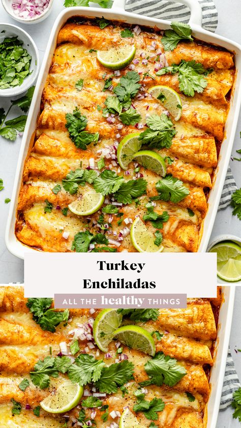 These delicious leftover Turkey Enchiladas are a great way to repurpose leftover roasted turkey. They're cheesy, flavorful, easy to make, and so delicious! Smoked Turkey Enchiladas, Mexican Turkey Recipes, Turkey Breast Leftover Recipes, Leftover Turkey Recipes Easy Healthy, Mexican Thanksgiving Dinner, Turkey Leftover Recipes Easy Dinners, Leftover Turkey Enchiladas, Pomegranate Desserts, Turkey Leftover Recipes