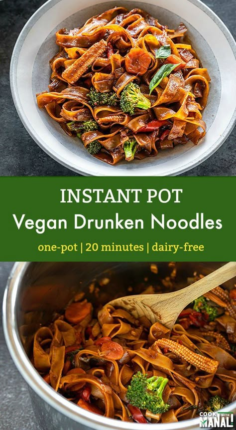 Vegan Meal Prep Instant Pot, Vegan Instant Pot Dump Recipes, Instant Pot Rice Noodles, Instant Pot Noodle Recipes, Instapot Vegetarian Recipes, Vegan Drunken Noodles, Instapot Vegan, Vegetarian Instant Pot Recipes, Veggies Sauce