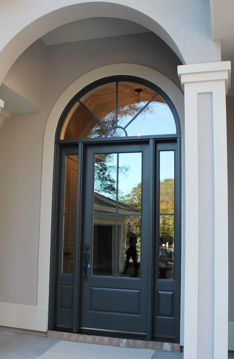 Arch Main Door Design, Arched Transom Over Front Door, Front Door With Half Moon Window, Front Door Arched Entry, Front Door With Arch Window Above, Arched Front Door Entryway, Curved Front Door, Front Door Arch, Arch Door Design