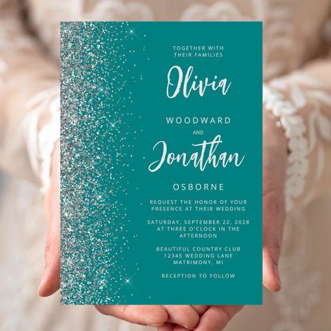 Teal Blue Silver Glitter Calligraphy Wedding Invitation | Zazzle Elegant Modern Wedding, Modern Wedding Invitation, Calligraphy Wedding Invitation, Turquoise Wedding, Calligraphy Wedding, Silver Design, Wedding Calligraphy, Modern Wedding Invitations, Free Birthday Invitations