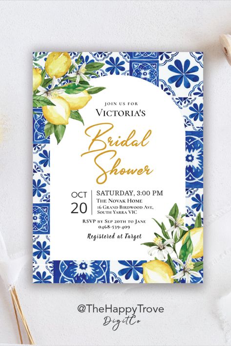 Navy And Lemon Wedding, Italian Blue And Lemon Theme, Bridal Shower Greece Theme, La Dolce Vita Bridal Shower Theme, Amalfi Coast Bachelorette, Mediterranean Invitations, Positano Themed Bridal Shower Ideas, Almafi Coast Bridal Shower Theme, Blue And Yellow Bridal Shower Ideas